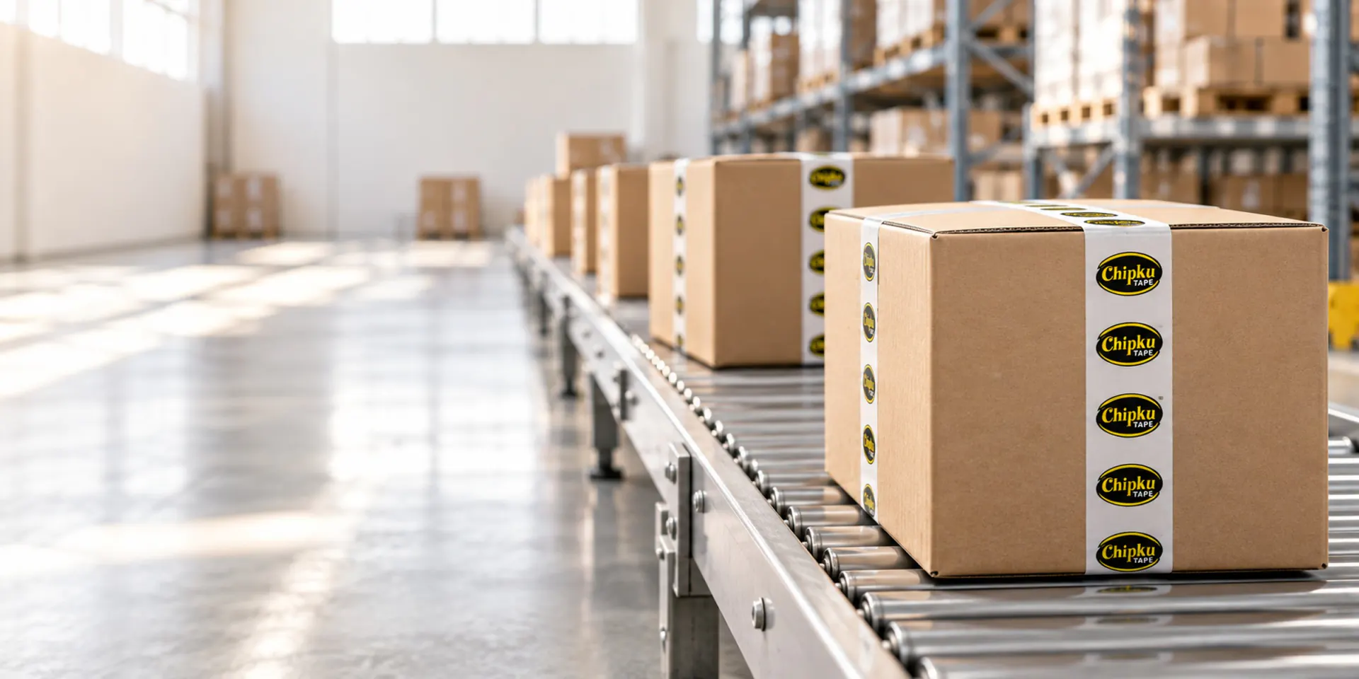 Kraft cartons sealed with ChipkuTape branded packaging tape moving along a conveyor in a bright warehouse
